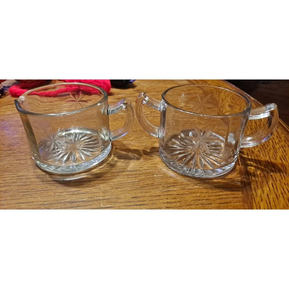 CREAMER‎ And SUGAR BOWL Vtg Heavy Glass Open Sugar 2 Handle Starburst Design ...